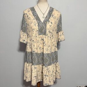 entro Cream and Blue Tiered V‑Neck Mini Dress